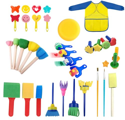 Mailfull 31 Stücke Schwamm Malerei Pinsel Set für Kinder DIY Malwerkzeuge Fingerfarben Kinder Ungiftig Schaumstoffpinsel mit wasserdichte Schürze