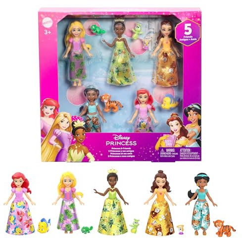 Mattel Disney Princess & Friends-set med fem ställbara små dockor i avtagbara kjolar eller byxor samt fem vänner, inspirerade av Disney-filmerna, JBL33
