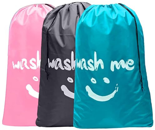 ﻿ 3 Pack 91 * 61cm Portable Large Laundry Bags,foldable Travel Laundry Bag With Drawstring Suitable for Travel, Family, Dormitory and Camping Laundry Bags for Travelling (Blue Pink Grey)