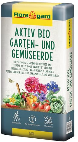 Floragard Aktiv Bio Garten- und Gemüseerde – Torfreduzierte Erde mit Bio-Nährstoffen, Pflanzenkohle und Grünschnittkompost für gesundes Pflanzenwachstum - 50 Liter