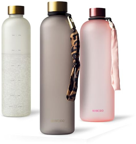 MAMEIDO Trinkflasche 1l Kohlensäure geeignet, auslaufsichere Water Bottle mit Zeitmarkierung, Wasserflasche BPA frei für Sport, Gym & Büro (Urban Taupe Gold, 1000ml)