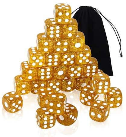 10 Stück Transparente Würfel Set,16mm Acryl würfel in Glitter Gold,6-seitiges Bunt Würfel Set mit abgerundeten Ecken,D6 Standard Würfel mit Taschen für Spiel,Party, Poker,Teaching Math (10)