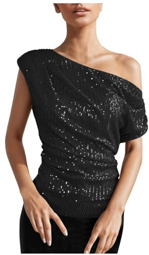2025 Top de lentejuelas de un solo hombro para mujer, tops con purpurina asimétrica fruncida, camisas de fiesta adelgazantes, camiseta amarilla para mujer S