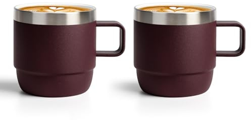 Zenbo 6 oz Espresso/Coffee Mug with Handle, Double Wall Vacuum Insulated 18/8 Stainless Steel Ceramic Lined Cups, Coffee, Tea, Hot & Cold Drinks, No Sweat, Dishwasher Safe(Wild Vine Red-2Pack)