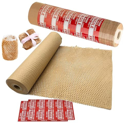 Honeycomb Packing Paper 12 W x 60' L Packing Paper for Moving Products & Gifts Honeycomb Wrapping Paper Recyclable and Biodegradable Cushioning Packing Material with 20 Fragile Stickers