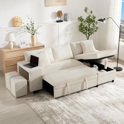 Oxtao Divano pieghevole con funzione sleep, divano ad angolo convertibile a L con porta di ricarica USB e cuscino, divano a 3 posti con ripiani laterali e spazio di archiviazione (beige)