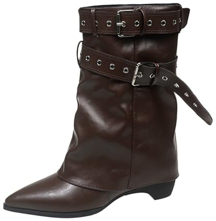 peiaclkde Stivali Da Donna Con Polpaccio Medio Stivale Al Ginocchio Cinghie E Fibbia Boots Con Ghetta Risvolto Stivale Tacco Basso Punta In Pelle Per Abbigliamento Casual Invernale Scarpe Nere