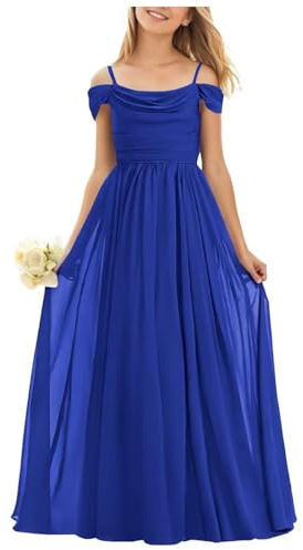 BessDress Off Shoulder Chiffon Junior Bridesmaid Dresses for Wedding Plus Size Long Flower Girl Dress Prom Gown Royal Blue 12