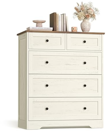 VASAGLE Siren Collection - Commode de Chambre, Meuble de Rangement à Tiroirs, Style Cottage, Armoire de Rangement, Polyvalent, 5 Tiroirs, 40 x 80 x 93,6 cm, Blanc Rustique et Marron Miel LTS643WJ01