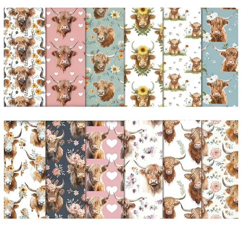 Highland Cow Scrapbook Paper, 24 Sheets Cow Scrapbooking Paper, Highland Cow Decorative Paper for Scrapbooking Decoupage & Background Making 15x15cm/5.9×5.9 in