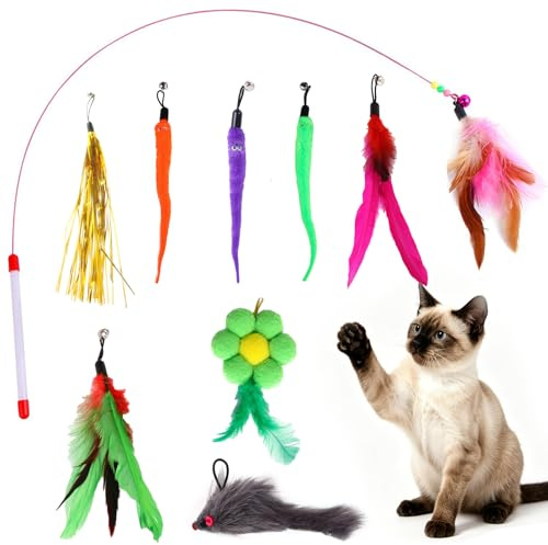 FOSDICK 9 Pièces Canne à Pêche Jouet Chat, 1 Plumeau Chat avec Cloche et 8 Rechange Canne a Peche Chats, Jouet pour Chat Interactif Kit pour Chats Interieur pour Le Mouvement et Le Jeu Interactif