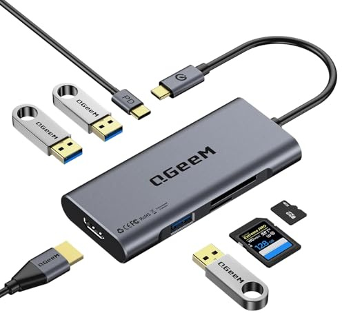 USB C Hub, QGeeM USB 4k to HDMI Adapter, 7 in 1 USB-C Dongle with 100W PD,USB 3.0, Card Reader, Compatible for MacBook iPhone 15/17 Ipad Pro max,Chromebook Laptop USB Type C Dock-Grey