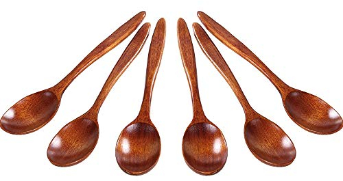 Mein HERZ 6 Pcs Cuillère en Bois Naturel Écologique, Sans BPA, Ustensile de Table et de Cuisine Pour Café, Thé, Miel (14cm, Brown)