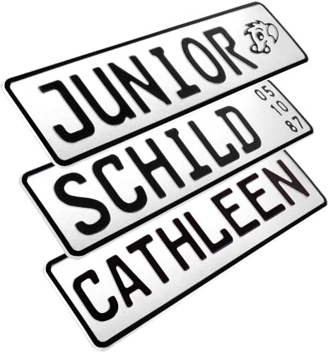 1 Stück Kennzeichen Junior-Schild 34cm x 9cm Bohrung Farbwahl Wunschtext Wunschprägung Muster Datum Namenskennzeichen Bohrung / Saugnäpfen Namensschild Bobbycar Kettcar FUN Schild in Weiß