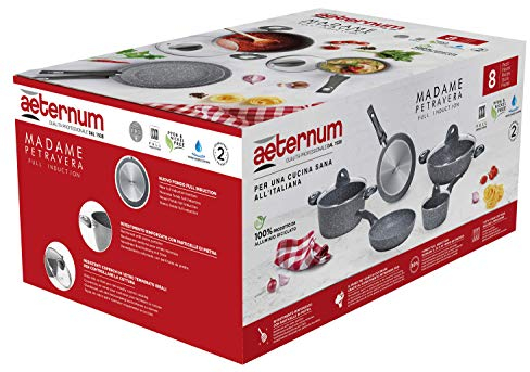 Aeternum, Madame Petravera 3.0, Batteria 8 pezzi, 2 padelle 20-24 cm, 2 casseruole 16-20 cm, 1 tegame 28 cm, 3 coperchi 16-20-28 cm, Ideale per Induzione, Full Induction, Grigio