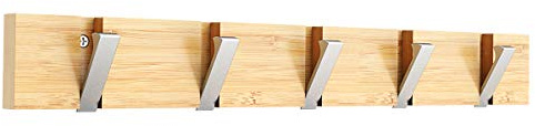 GOGOCOOL Colgador de ganchos de bambú para pared, 20 kg de peso máximo para colgar, tipo de gancho plegable plateado, Colgador de pared para ropa, abrigo, sombrero, color natural (5 ganchos)