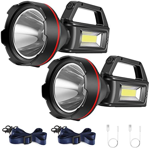 Rechargeable Spotlight Flashlight, High Lumens Handheld Spotlight,LED Searchlight with Shoulder Strap and USB Output for During Hurricane,Emergency, Storms,Hunting , Hiking, Camping(Black Pack of 2)