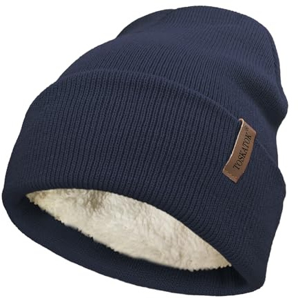 TOSKATOK Ladies Men's Unisex Classic Cuffed Soft Warm Winter Knitted Beanie Hat with Soft Thermal Teddy Fleece Liner-Navy