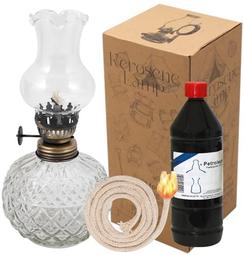 HUW Set 3-in-1-Ölglas-Öllampe mit verstellbarer Flamme, Lampenöl, Ersatzdocht, Kerosinlampe, Retro, rustikal, Loft, Vintage-Dekoration, Garten, Terrasse, Heimdekoration, Laterne (LAN181SET)