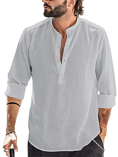 Runcati Camisa de lino de algodón para hombre, manga larga, cuello alto, camisa de playa, camisa de verano, camisas elegantes, gris, XXL