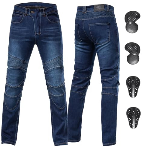 ForMTRider Jeans Moto para Hombres con CE Protección Pantalones de Denim Elástico para Todas Las Estaciones,Azul,L=36W/31L