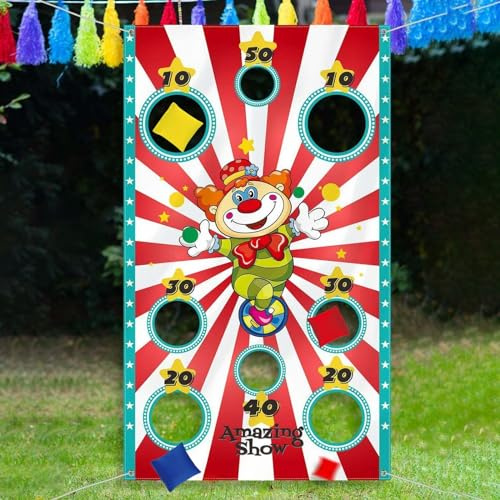 KUYOEJAR Banner de Juego de Lanzamiento de Payaso de Carnaval con 3 Sacos de Frijoles - Decoración y Actividades de Fiesta de Circo para Niños y Adultos - Ideal para Festivales (140 * 80 cm)