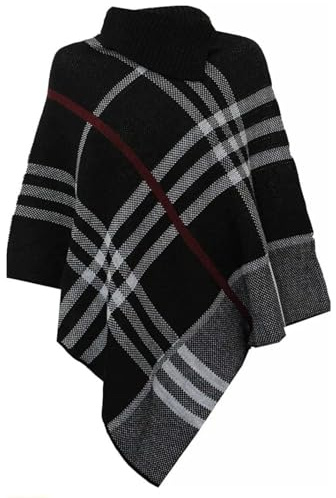 FASHION MY LOVE Womens Check Printed Poncho Ladies Stretch Knitted Collared Cape Wrap Shawl Jumper Poncho Top Black