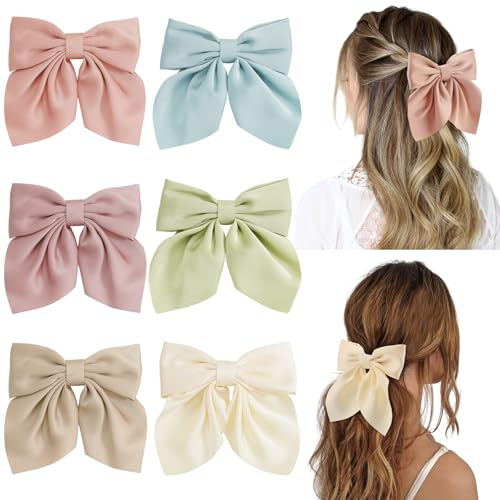 6Pcs Hair Bows for Women, Bow Hair Clips, Silky Satin Hair Bows for Girls, Candy Colors Hair Ribbon