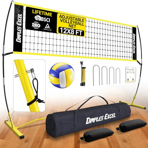 Dimples Excel 12x8 FT Portable Volleyball Net Set,4 Adjustable Heights Set
