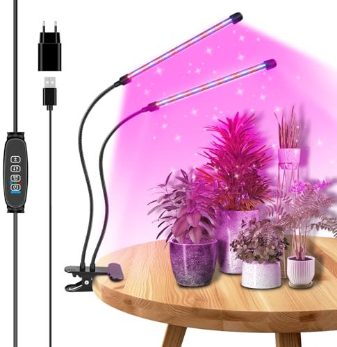 RIGIDON Lampada per Piante Coltivazione Indoor Con Clip, 2-Teste 40 Leds 460nm-470nm 620nm-630nm Grow Light da Interno, Timer 3/9/12H, 10 Livelli di Luminosità, per Serra Idroponica da Casa