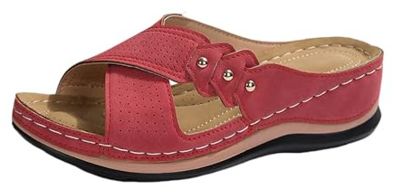 Zapatillas ortopédicas para mujer, tacón de cuña de cuero, zapatillas de verano vintage, tiempo libre, cuña con tacón y plantilla, sandalias de playa con punta abierta, rojo, 38