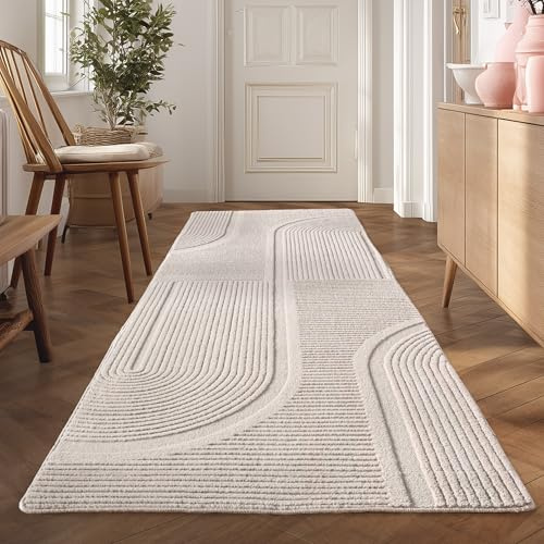 Teppium Teppich Boho Läufer 80 x 150 cm Creme – Waschbar & Pflegeleicht – Weicher Skandinavischer Deko Teppich mit 3D-Effekt – Ideal für Flur, Küche oder Schlafzimmer