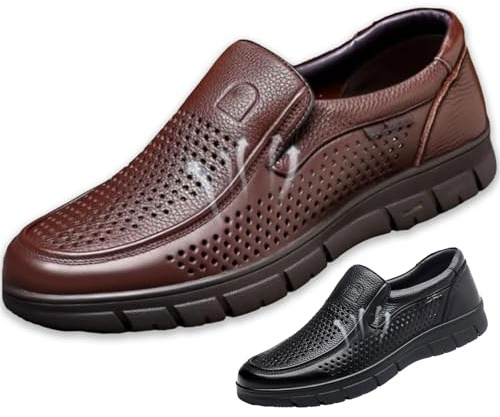 Scarpe Uomo in Pelle Traforata - Mocassini Estivi Eleganti e Traspiranti | Sandali Business Casual con Suola Morbida Antiscivolo | Ideali per Anziani e Lavoro | Comode Scarpe da Papà(Coffee,43 EU)