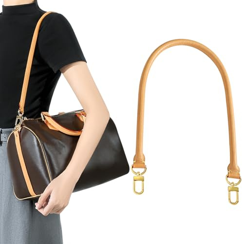 KIYOMIL Bag Genuine Vachetta Leather Shoulder Short Strap Replacement Fit for Graceful Damier or Speedy25 30 35 Bag Brown Straps Tan(Length:27.5in-BEESWAX)