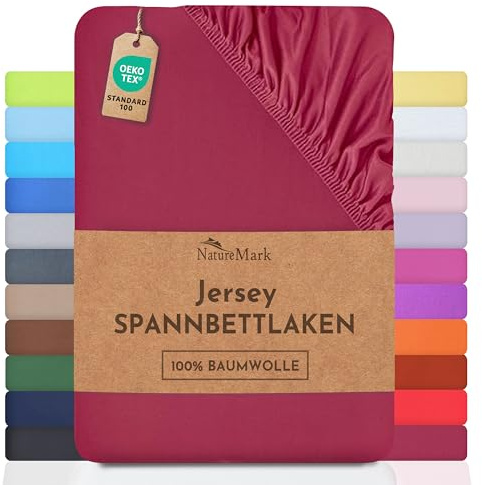 NatureMark Jersey Spannbettlaken, Spannbetttuch 100% Baumwolle in vielen Größen und Farben MARKENQUALITÄT ÖKOTEX Standard 120x200 cm - Bordeaux Rot