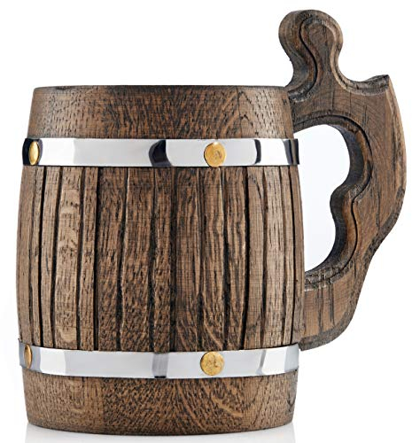Großer Bierkrug aus Eichenholz, handgefertigt mit erstaunlicher Handwerkskunst und hochwertigen Materialien, mit Metall ausgekleidet, robust, langlebig