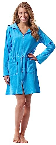 Morgenstern Bademantel Damen leicht Reißverschluss und Kapuze Türkis L Baumwolle Hausmantel Frauen weich frottee zipp kurz leicht large
