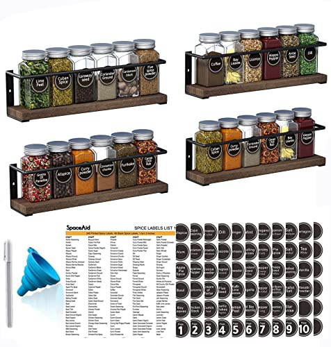 SpaceAid Spice Rack with 24 Spice Jars, 386 Spice Labels, Chalk Marker and Funnel, Wood Hanging Seasoning Shelf for Cabinet Door or Wall Mount (4 Pack)