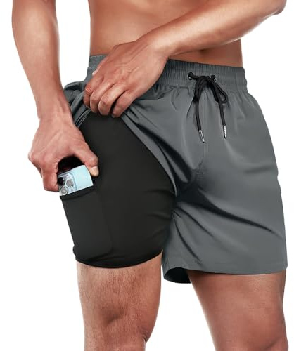 ineepor Bañador para Hombre 2 en 1 de Secado Rápido con Forro de Compresión Pantalones Cortos Hombre Deporte con Bolsillos con Cremallera Elástico de Forro Pantalones Cortos de Playa