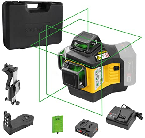 Stabila 12-V-System Kreuzlinienlaser LAX 600 G, selbstnivellierend, 3 x 360° grüne Laserlinien, max. Reichweite: 40 m, CAS-Akku und -Ladegerät (EU), Universal- Wandhalterung, Tragekoffer, 19797, Gelb