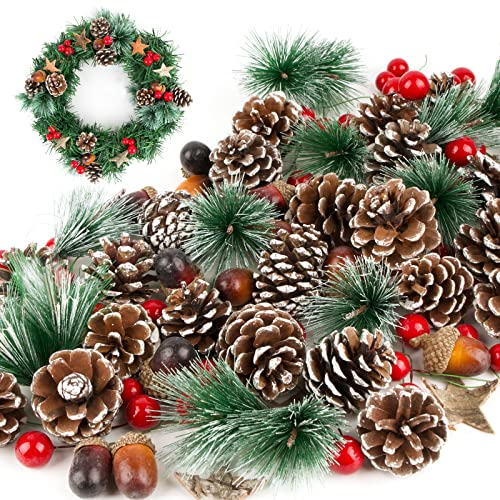 VINFUTUR 108 Stücke Bastelzubehör für Weihnachtskranz Adventskranz Türkranz Weihnachtsbaumschmuck, Beeren Tannenzapfen Eicheln Tannenzweige Holzsterne zum Basteln DIY Handwerk Homedeko Weihnachtsdeko