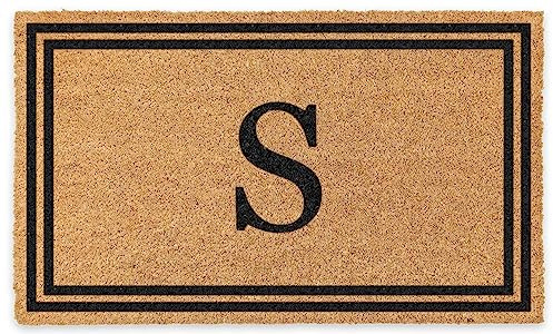COCO MATS 'N MORE Personalized Coco Coir Front Door Mat – Monogrammed Welcome Porch Mat for Home Entrance, Heavy-Duty Vinyl Backing Non Slip Mat (14 x 22 | Black | Double Border | Made in USA)