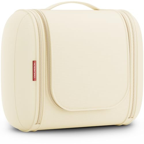 VanLindson Kulturbeutel 8 Liter zum Aufhängen, Kulturtasche für Damen, Herren und Kinder, Große Reise Kosmetiktasche Organizer, Waschtasche mit Spiegel, Makeup Bag Waschbeutel, Beige