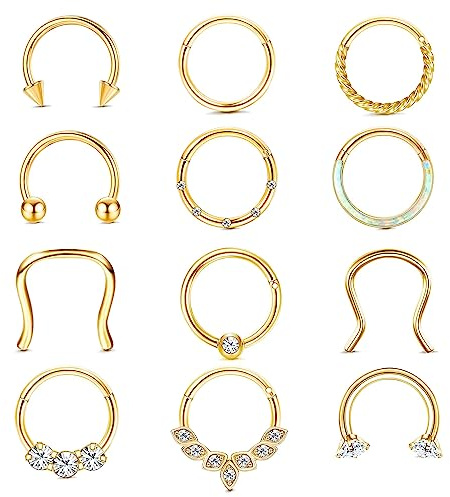 KALVICA 12 Piezas 16G Septum Piercing Nariz Aro Acero Inoxidable Helix 8/10mm Dorado Plateado Pendientes Nariz Anillo Nasal Conjunto de Punción Piercing Joyería