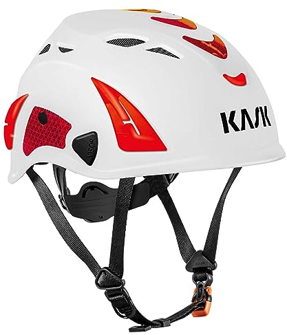 KASK Superplasma HI VIZ Casque de protection de travail, molette, bandes réfléchissantes, EN 397, couleur : blanc/rouge, taille unique