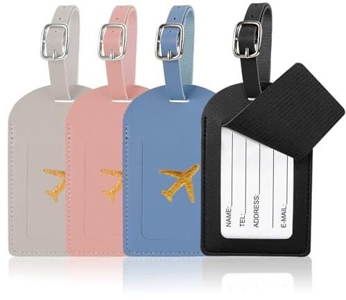4 Stück Kofferanhänger Leder, Gepäckanhänger aus Leder, Kofferanhänge mit Adressschild, Kofferanhänger mit Sichtschutzabdeckung, PU Koffer Anhänger, für Geschäftsreise, Paare Hochzeit Reisegeschenk