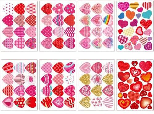 8 Sheets Romantic Heart Stickers, Pink Red Heart Stickers Self Adhesive for Wedding Valentines Day Party Gifts Decorations Crafts DIY Scrapbooking Envelopes Card Making Supplies