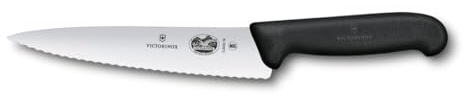 Victorinox Fibrox - Coltello da cucina con lama ondulata, largo, universale, per carne, verdura e frutta, 19 cm, lama dritta, in acciaio inox, colore: Nero