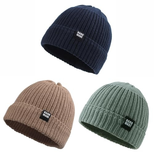Pesaat Gorro de Punto cálido de Invierno para bebés o niños, Gorro de Punto Acanalado, para niños y niñas de 0 a 5 años (2-5años, Azul Marino + Gris-Verde + Nuez)