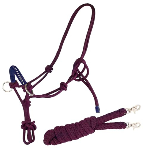Brama West Knotenhalfter mit Zügel für Pferde - mit Snap-Karabiner und Strass - Bordeaux/Navy, Gr. Full